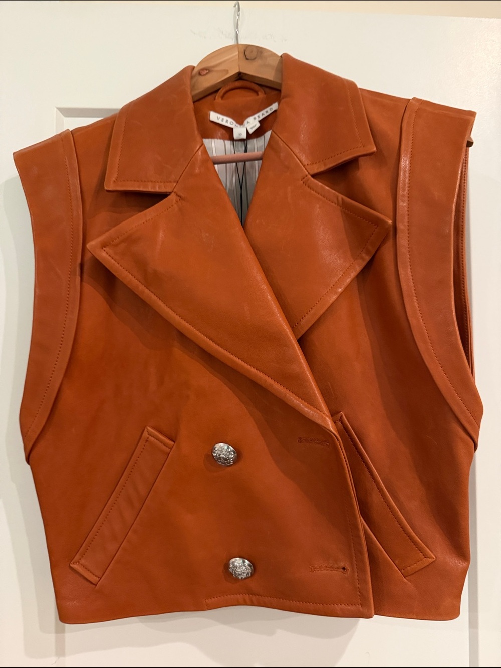 Veronica Beard Rixey Papaya Orange Leather Double-Breasted Vest size 10